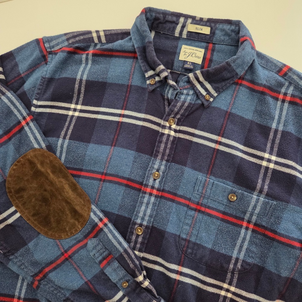 J. Crew Flannel Shirt Blue Plaid‎ Elbow Patches Slim Fit Mens XL